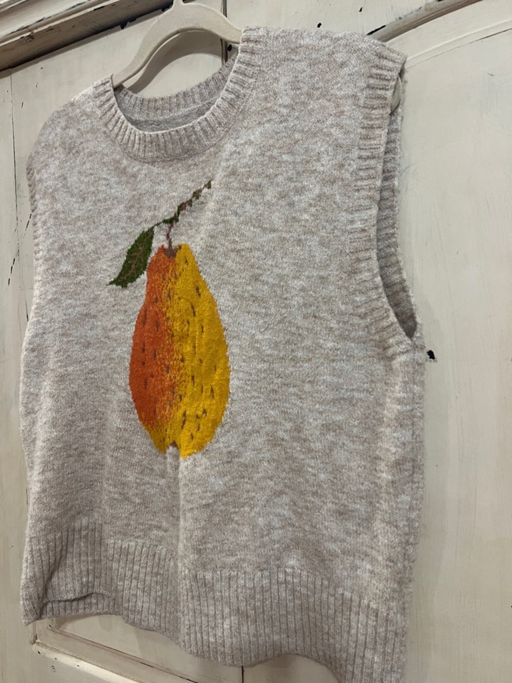 Cider Pear Sweater Vest Size Large Cozy Knit Fruit Graphic Neutral - Picture 8 of 12